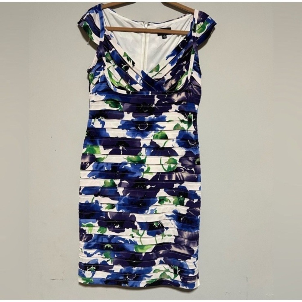 Adrianna Papell Women's Sz 14 Floral Print Pleated Bodycon Mini Dress Cap Sleeve